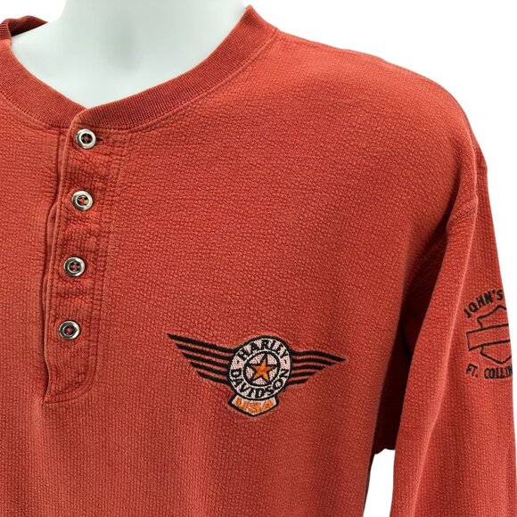 Vintage Harley Davidson Mens Medium Henley Long Sleeve Button Textured Red Logo - Picture 2 of 9